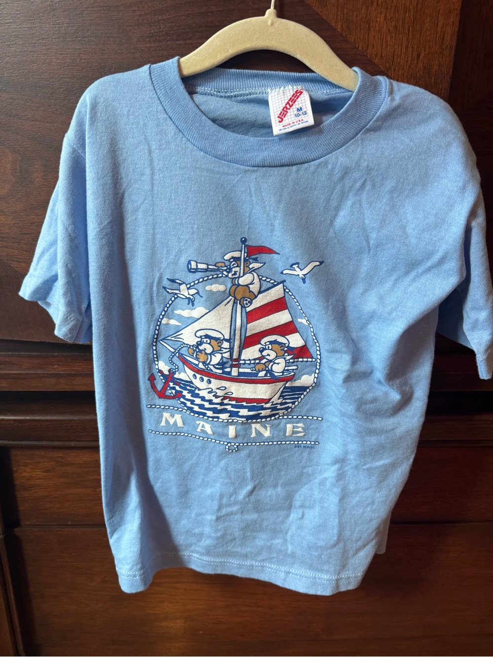 Vintage Light Blue Kids' Maine Sailboat Graphic Tee M 10-12 Made in USA